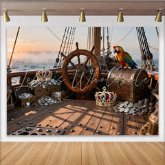 Lofaris Piratenschiff-Hintergrund mit Schatzkiste Krone und Papagei Fotokulisse für Kindergeburtstage