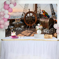 Lofaris Piratenschiff-Hintergrund mit Schatzkiste Krone und Papagei Fotokulisse für Kindergeburtstage
