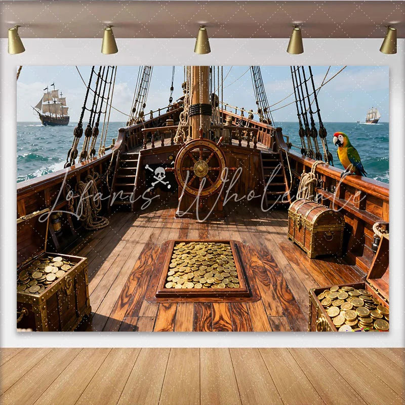 Lofaris Piratenschiff-Partyhintergrund mit Schatzkisten und Goldmünzen für Kindergeburtstage und Abenteuerfeiern