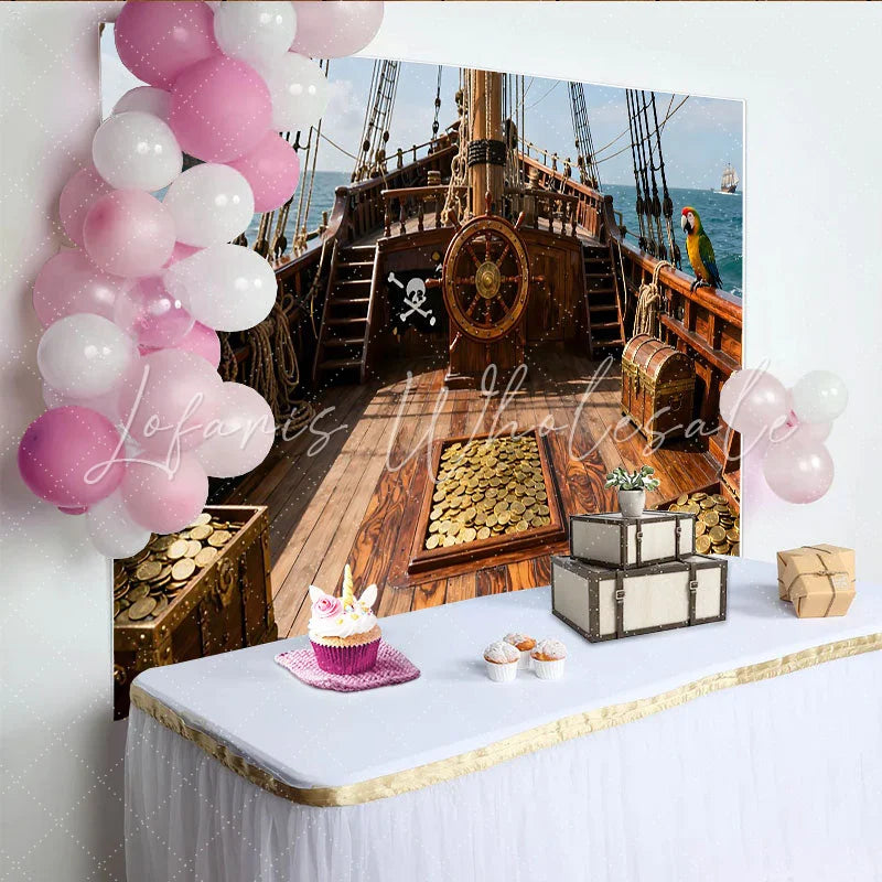 Lofaris Piratenschiff-Partyhintergrund mit Schatzkisten und Goldmünzen für Kindergeburtstage und Abenteuerfeiern