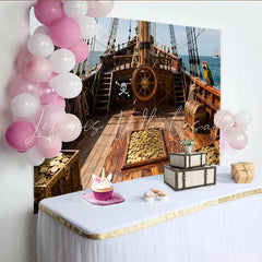 Lofaris Piratenschiff-Partyhintergrund mit Schatzkisten und Goldmünzen für Kindergeburtstage und Abenteuerfeiern
