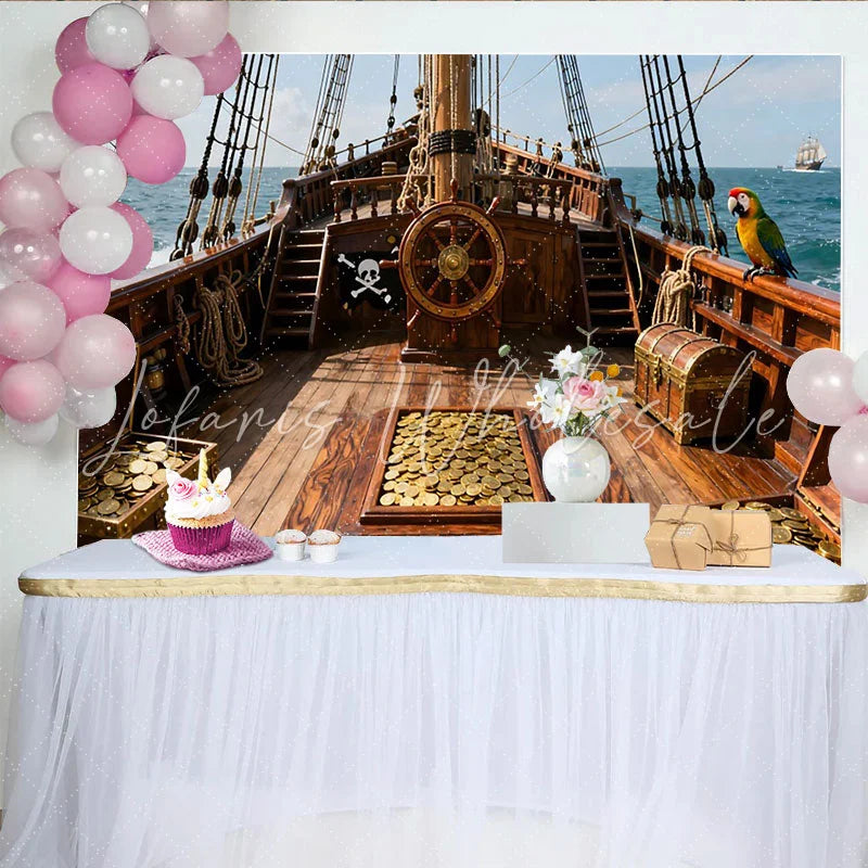Lofaris Piratenschiff-Partyhintergrund mit Schatzkisten und Goldmünzen für Kindergeburtstage und Abenteuerfeiern