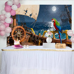 Lofaris Piratenschiff-Partyhintergrund mit Vollmond und Papagei Goldmünzen und tattered Segel für Abenteuer-Geburtstage