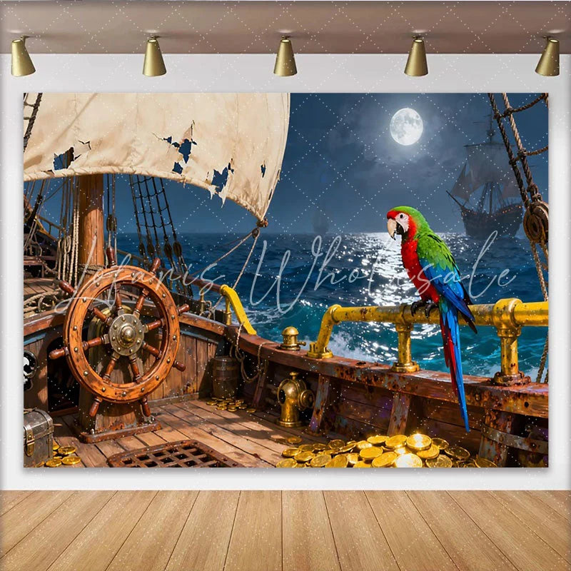 Lofaris Piratenschiff-Partyhintergrund mit Vollmond und Papagei Goldmünzen und tattered Segel für Abenteuer-Geburtstage