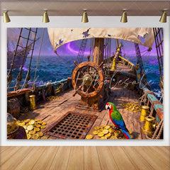 Lofaris Piratenschiff Steuerrad und Goldmünzen Partyhintergrund mit Papagei und lila Himmel für Abenteuer-Geburtstagsfeiern