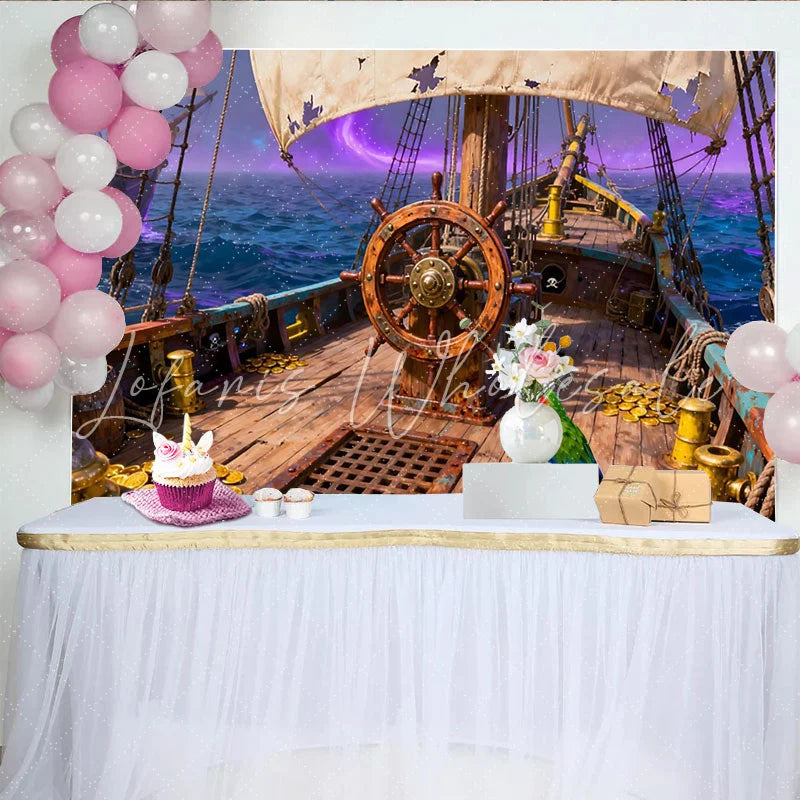Lofaris Piratenschiff Steuerrad und Goldmünzen Partyhintergrund mit Papagei und lila Himmel für Abenteuer-Geburtstagsfeiern