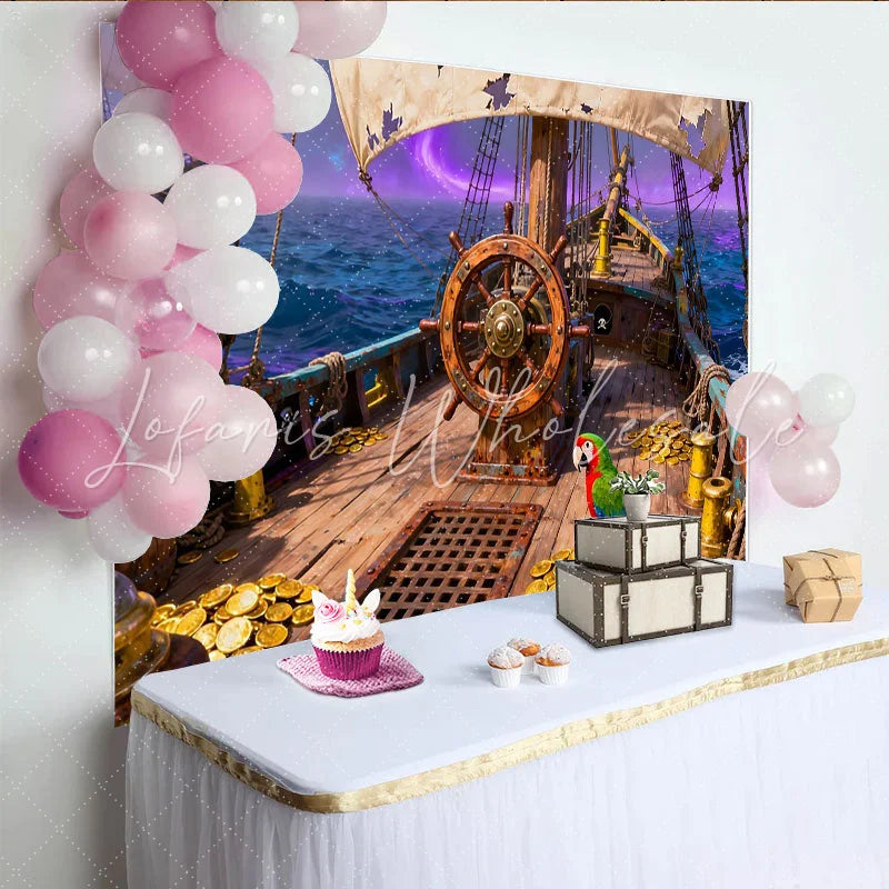Lofaris Piratenschiff Steuerrad und Goldmünzen Partyhintergrund mit Papagei und lila Himmel für Abenteuer-Geburtstagsfeiern