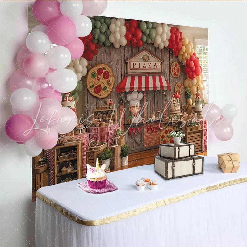 Lofaris Pizza Chef Stand Birthday Backdrop Rustic Wood Wall with Balloon Arch and Dessert Table Decor