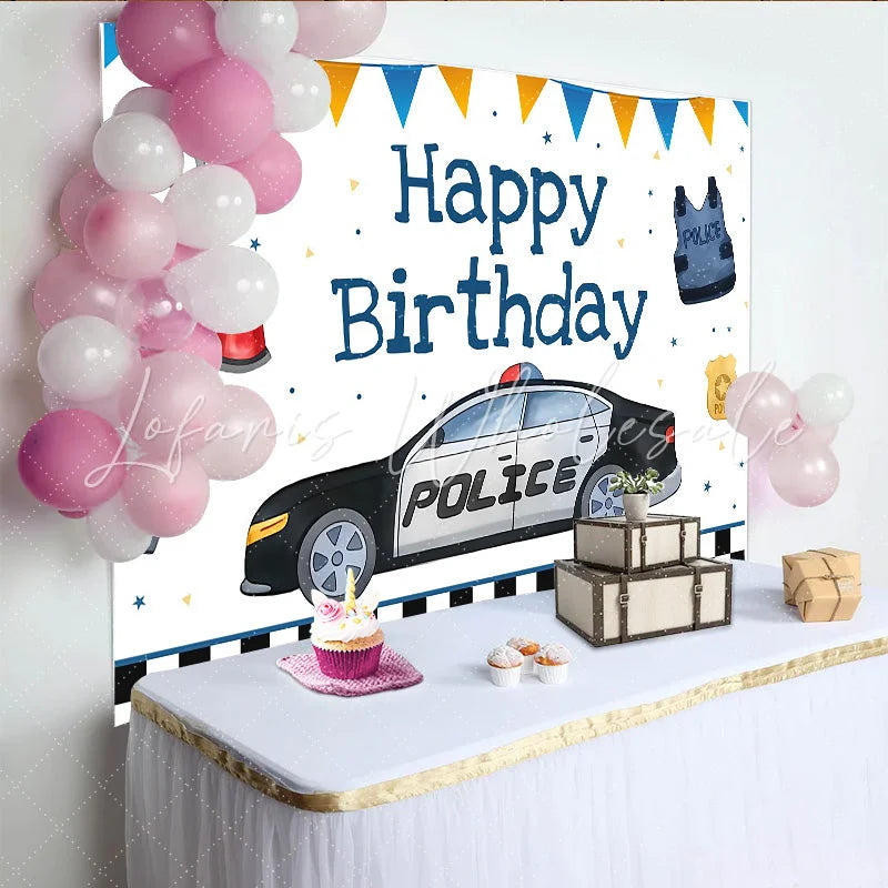 Lofaris Police Car and Officer Gear Birthday Backdrop Blue and Orange Bunting Party Decoration for Boy