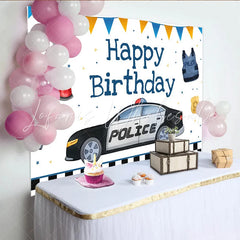Lofaris Police Car and Officer Gear Birthday Backdrop Blue and Orange Bunting Party Decoration for Boy