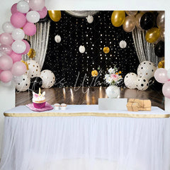 Lofaris Polka Dot Balloons and Silver Curtain Backdrop Black and Gold Birthday Cake Smash Photography Background