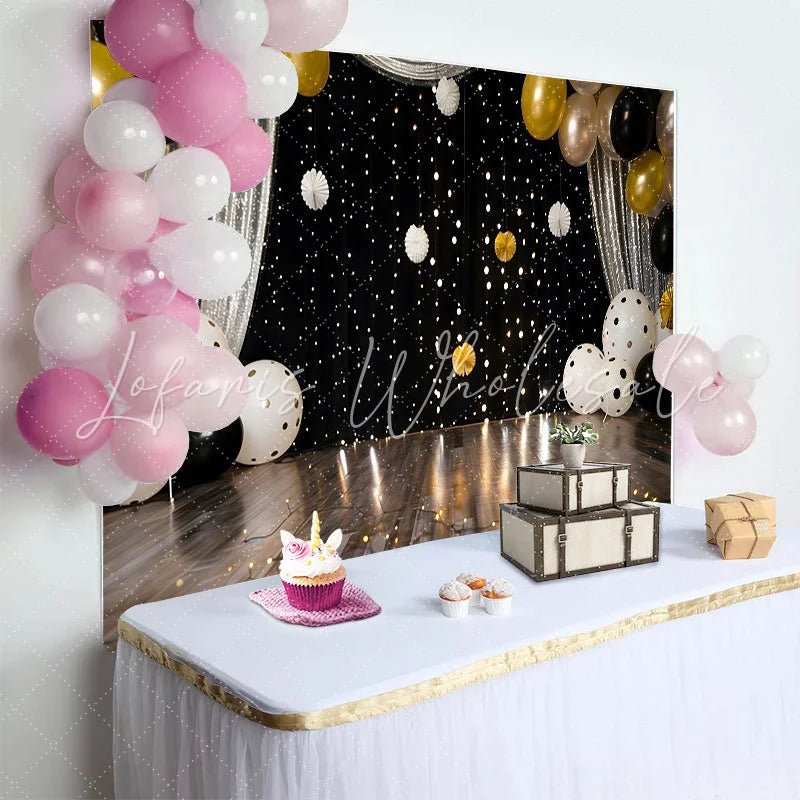Lofaris Polka Dot Balloons and Silver Curtain Backdrop Black and Gold Birthday Cake Smash Photography Background