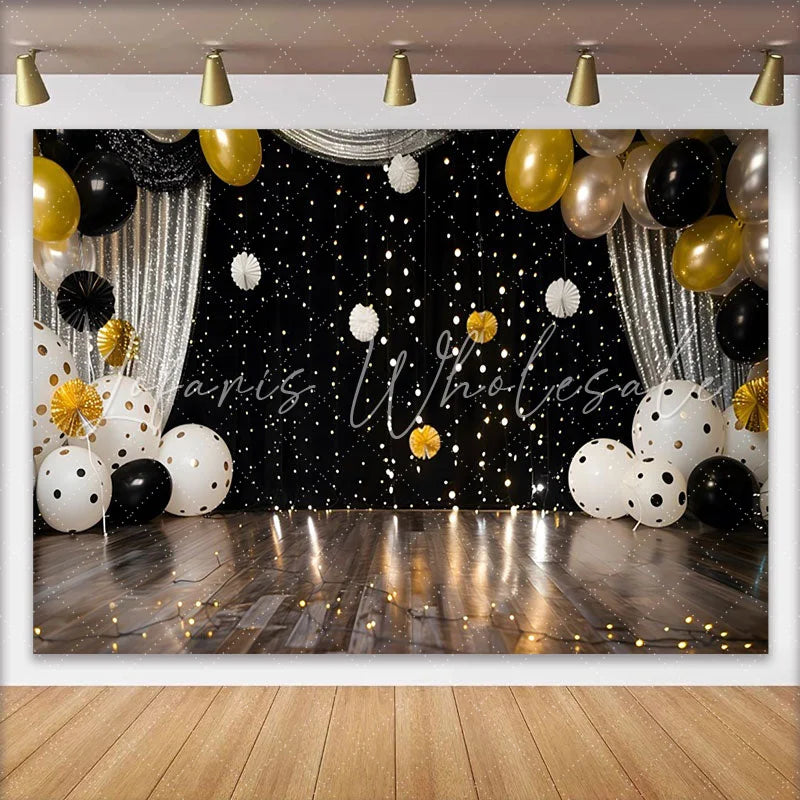Lofaris Polka Dot Balloons and Silver Curtain Backdrop Black and Gold Birthday Cake Smash Photography Background