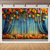 Lofaris Pom Pom Floral Stage Backdrop Blue Curtain with Hanging Orange Flowers Party Decor Banner