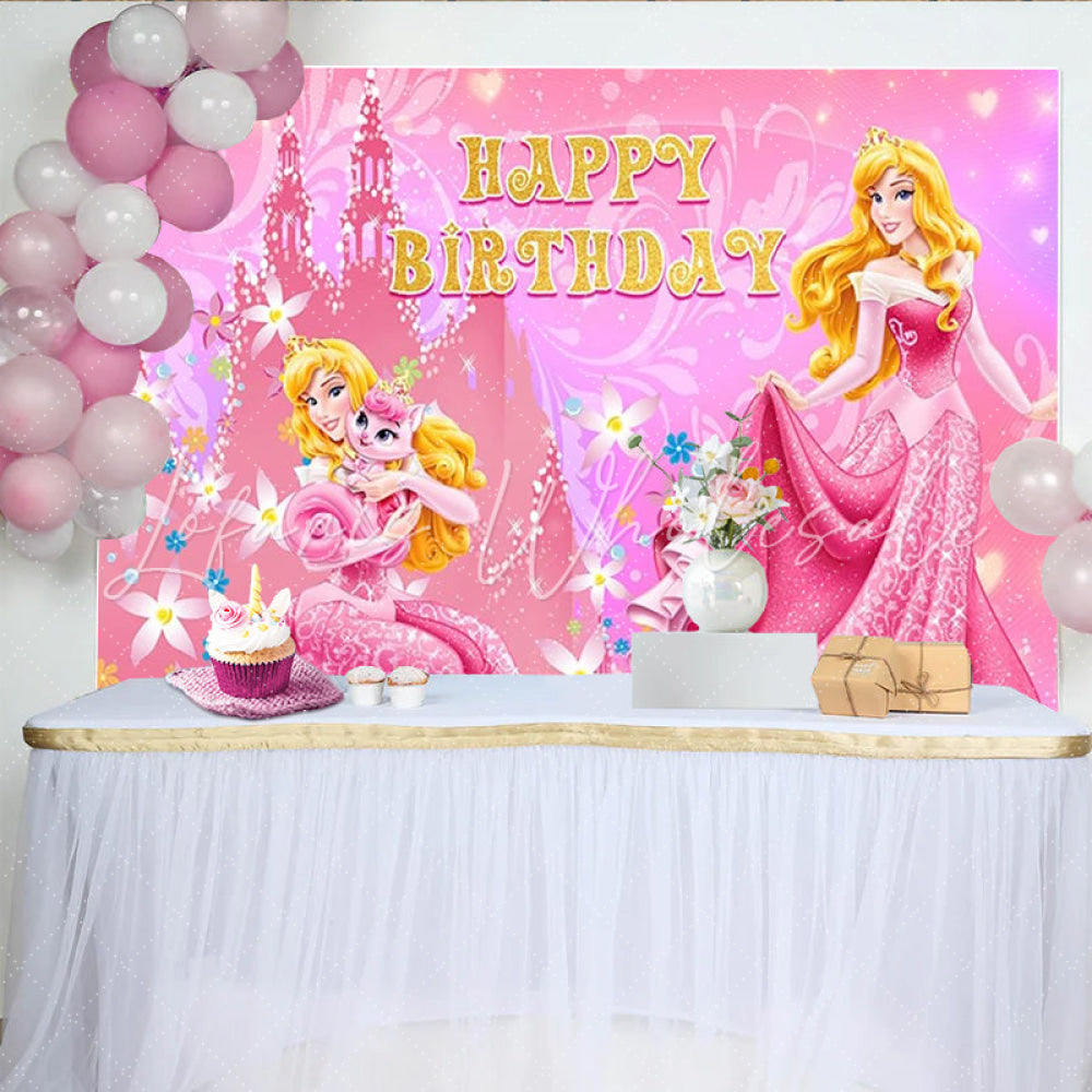 Lofaris Princess Aurora Inspired Happy Birthday Backdrop Pink Sleeping Beauty Castle Theme Disney Princess Party Decor for Girl