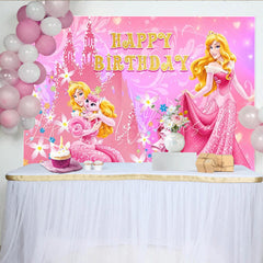 Lofaris Princess Aurora Inspired Happy Birthday Backdrop Pink Sleeping Beauty Castle Theme Disney Princess Party Decor for Girl