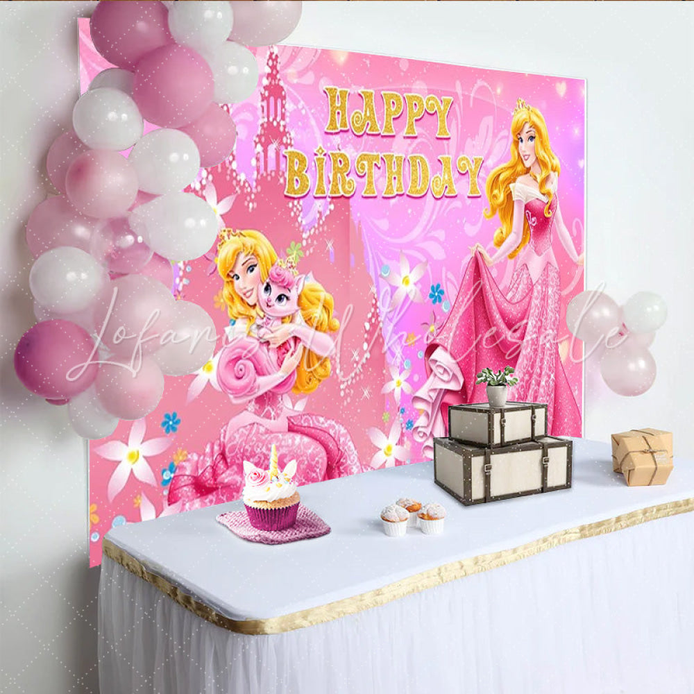 Lofaris Princess Aurora Inspired Happy Birthday Backdrop Pink Sleeping Beauty Castle Theme Disney Princess Party Decor for Girl