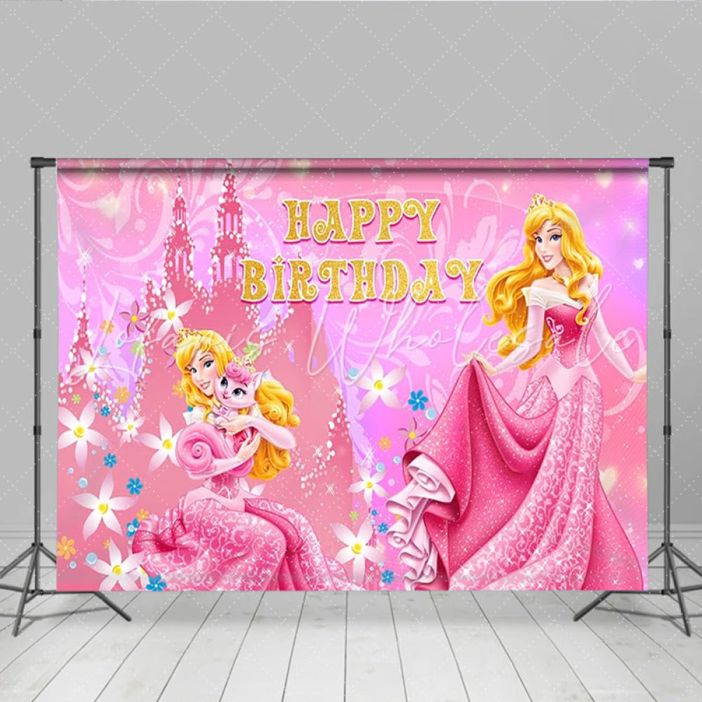 Lofaris Princess Aurora Inspired Happy Birthday Backdrop Pink Sleeping Beauty Castle Theme Disney Princess Party Decor for Girl