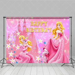 Lofaris Princess Aurora Inspired Happy Birthday Backdrop Pink Sleeping Beauty Castle Theme Disney Princess Party Decor for Girl