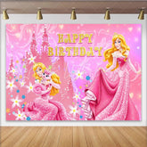 Lofaris Princess Aurora Inspired Happy Birthday Backdrop Pink Sleeping Beauty Castle Theme Disney Princess Party Decor for Girl