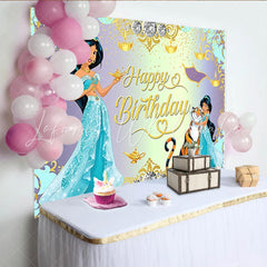 Lofaris Princess Jasmine and Rajah Happy Birthday Backdrop Aladdin Inspired Party Decor Teal and Gold Arabian Nights Theme