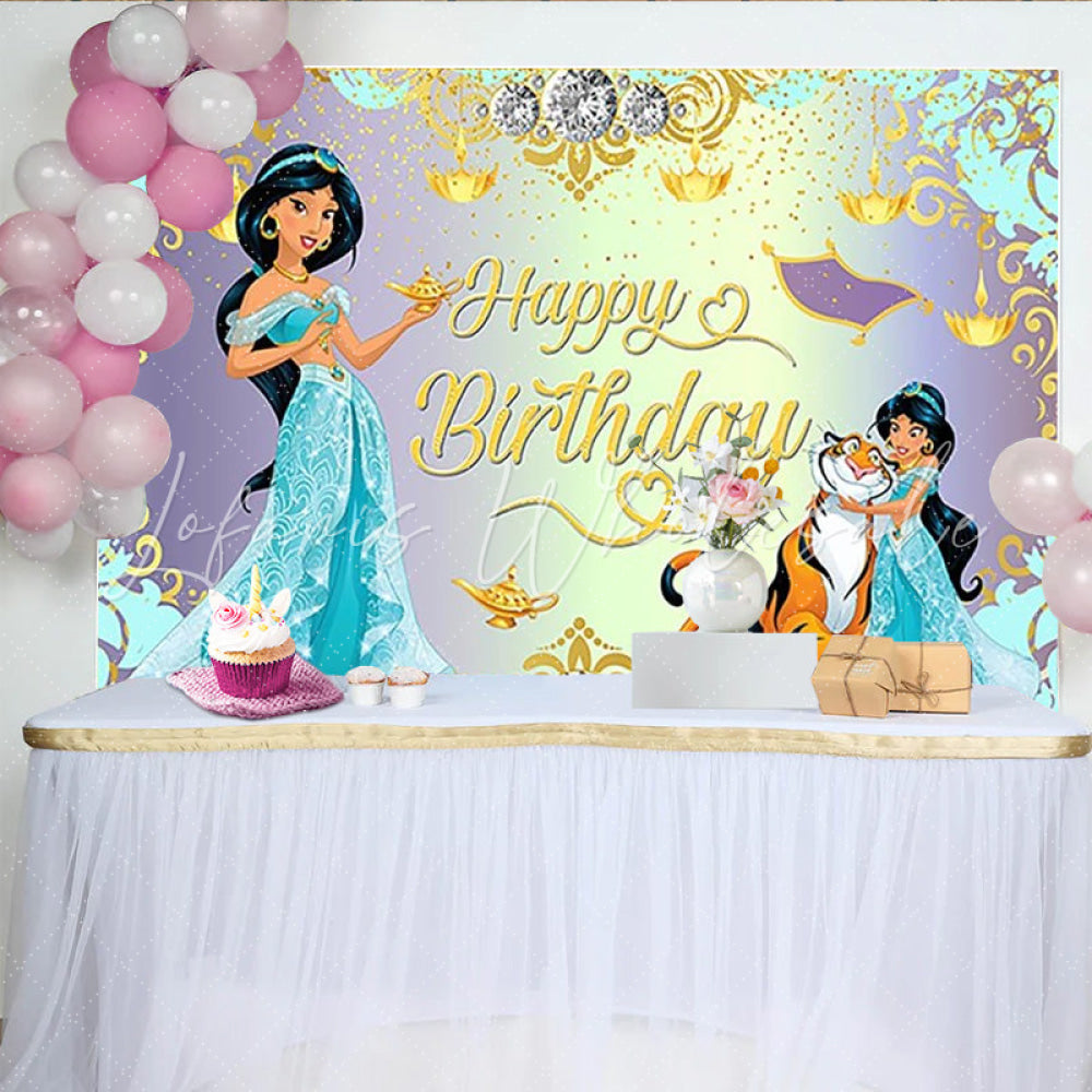 Lofaris Princess Jasmine and Rajah Happy Birthday Backdrop Aladdin Inspired Party Decor Teal and Gold Arabian Nights Theme