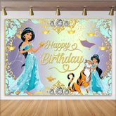 Lofaris Princess Jasmine and Rajah Happy Birthday Backdrop Aladdin Inspired Party Decor Teal and Gold Arabian Nights Theme