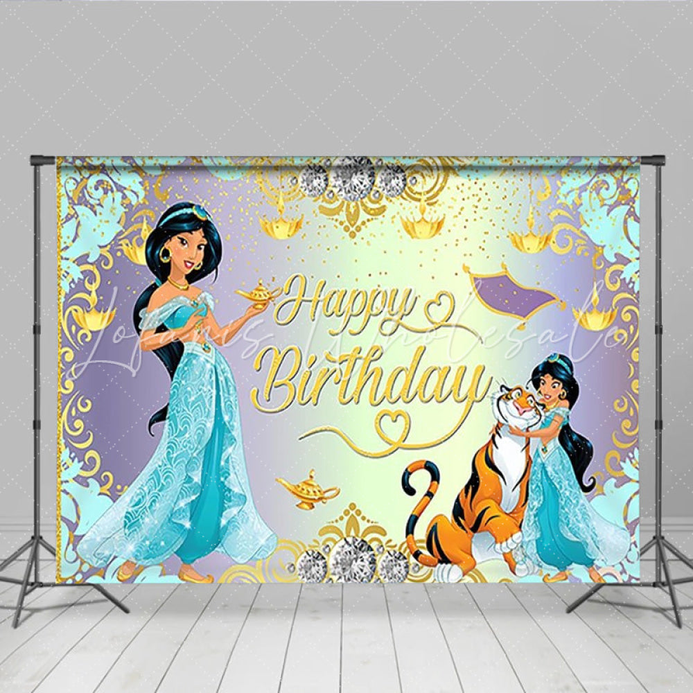 Lofaris Princess Jasmine and Rajah Happy Birthday Backdrop Aladdin Inspired Party Decor Teal and Gold Arabian Nights Theme