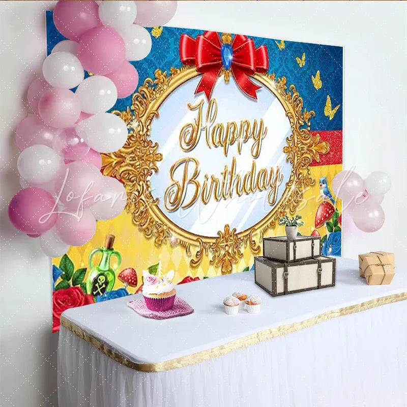 Lofaris Princess Magic Mirror Happy Birthday Backdrop Red Bow Apples and Blue Birds Photography Background