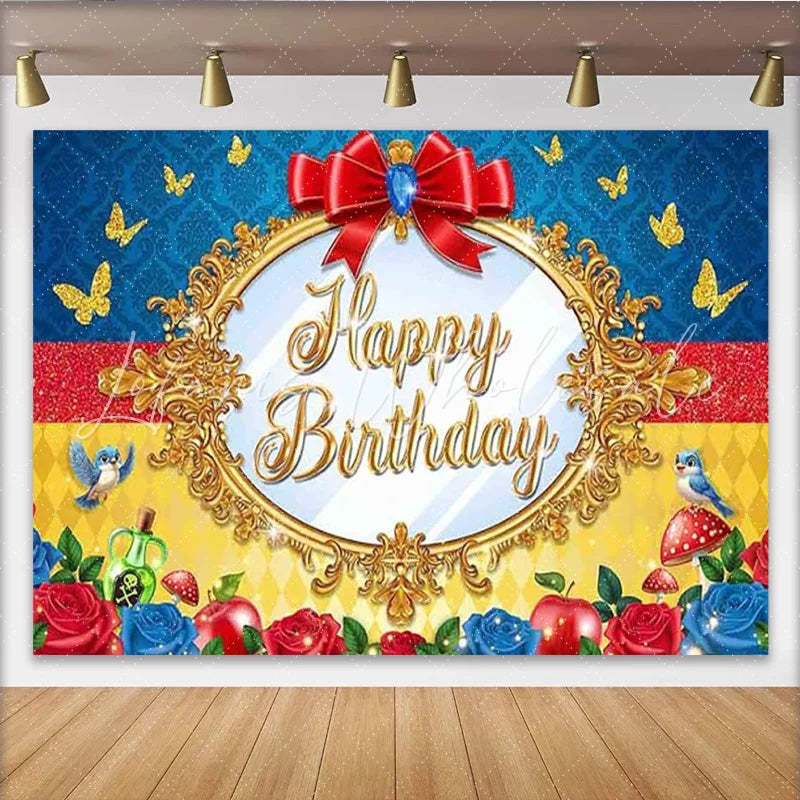 Lofaris Princess Magic Mirror Happy Birthday Backdrop Red Bow Apples and Blue Birds Photography Background