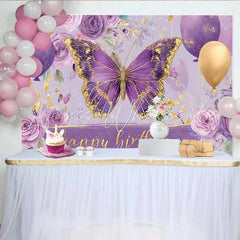 Lofaris Purple and Gold Butterfly Birthday Backdrop Floral Balloon Party Background Girl Bday Cake Table Decoration