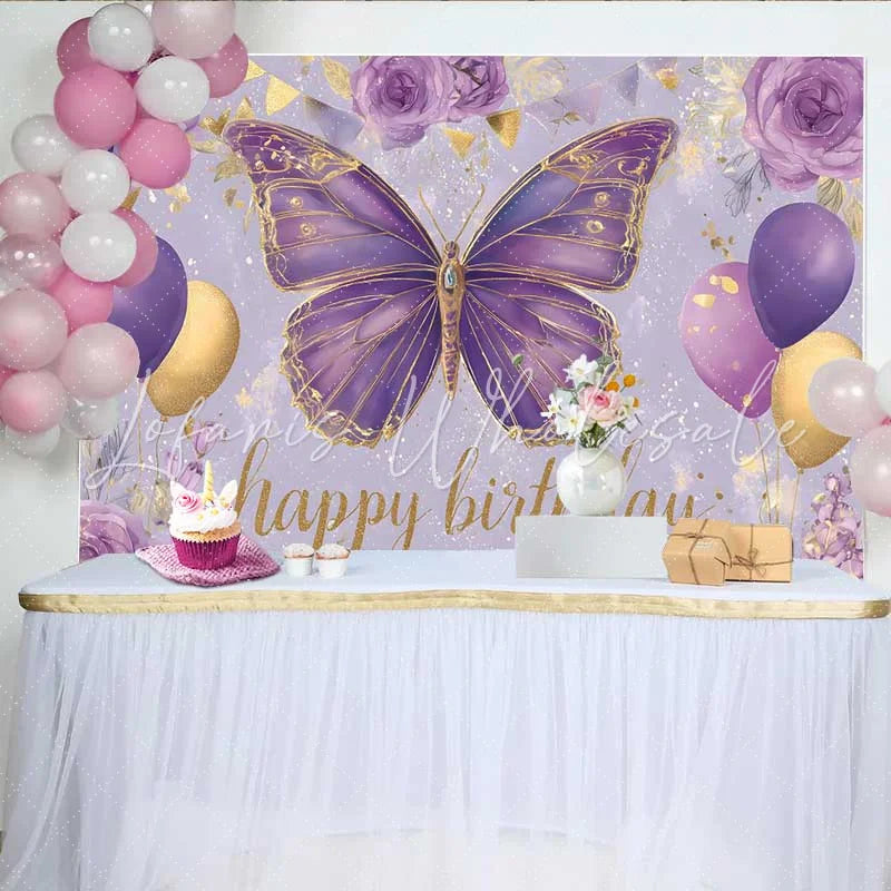 Lofaris Purple and Gold Butterfly Birthday Backdrop Floral Balloon Party Background Girl Bday Cake Table Banner