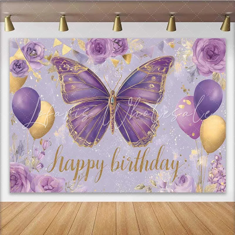 Lofaris Purple and Gold Butterfly Birthday Backdrop Floral Balloon Party Background Girl Bday Cake Table Banner