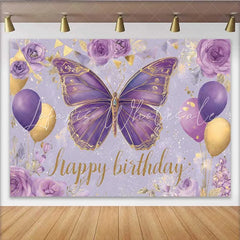 Lofaris Purple and Gold Butterfly Birthday Backdrop Floral Balloon Party Background Girl Bday Cake Table Banner