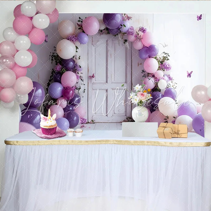 Lofaris Purple and Pink Balloon Photography Backdrop with White Door Floral Party Decor for Studio Photoshoot