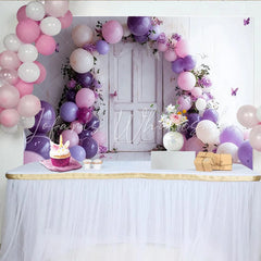 Lofaris Purple and Pink Balloon Photography Backdrop with White Door Floral Party Decor for Studio Photoshoot
