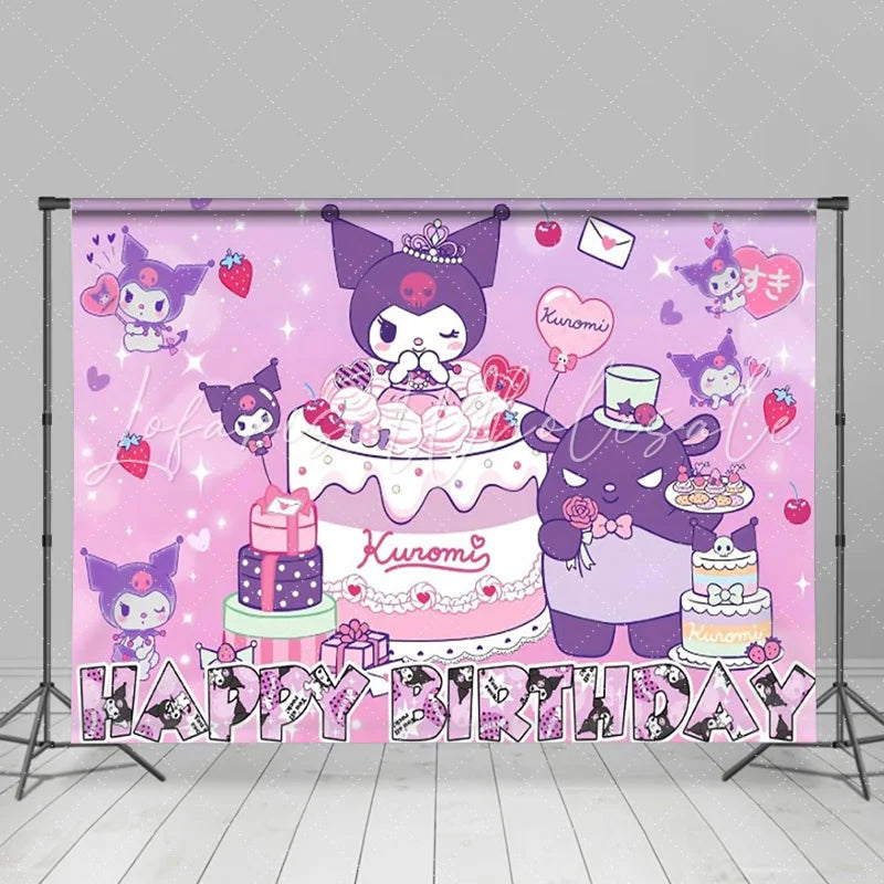 Lofaris Purple Anime Character Birthday Backdrop Cute Devil Girl Happy Birthday Background for Girl Sweet Cake Party Banner