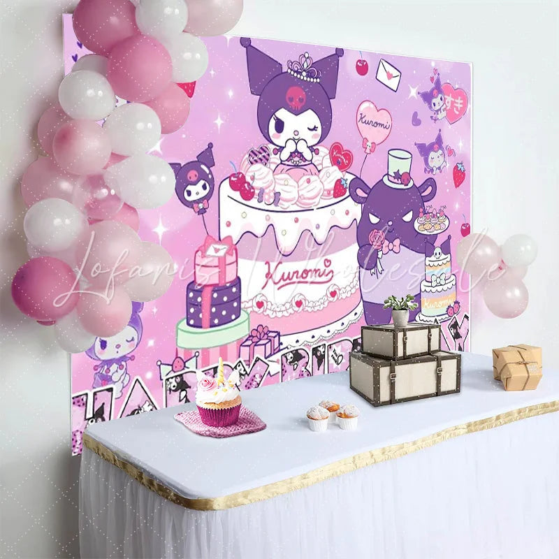 Lofaris Purple Anime Character Birthday Backdrop Cute Devil Girl Happy Birthday Background for Girl Sweet Cake Party Banner