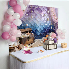 Lofaris Purple Blue Mermaid Scale Photography Backdrop with Treasure Chest and Seashells Ocean Theme Photo Background for Studio Shoot