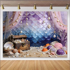 Lofaris Purple Blue Mermaid Scale Photography Backdrop with Treasure Chest and Seashells Ocean Theme Photo Background for Studio Shoot
