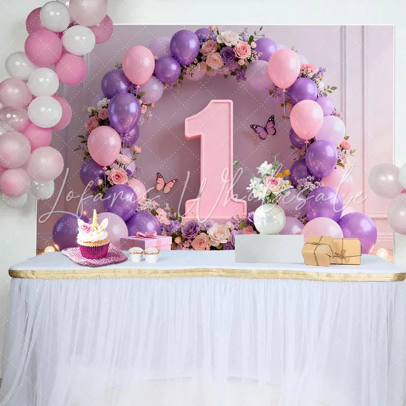 Lofaris Purple Butterfly 1st Birthday Cake Smash Backdrop Floral Number One and Pink Balloon Arch Background