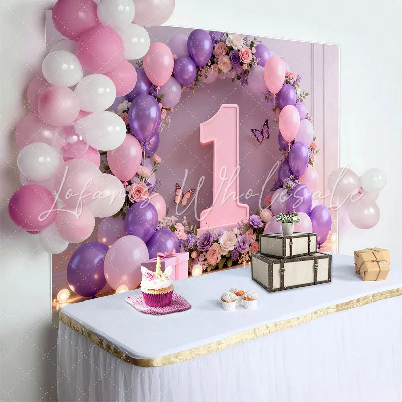 Lofaris Purple Butterfly 1st Birthday Cake Smash Backdrop Floral Number One and Pink Balloon Arch Background