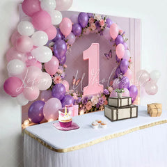 Lofaris Purple Butterfly 1st Birthday Cake Smash Backdrop Floral Number One and Pink Balloon Arch Background