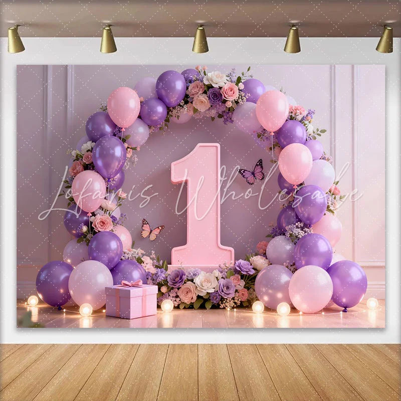 Lofaris Purple Butterfly 1st Birthday Cake Smash Backdrop Floral Number One and Pink Balloon Arch Background