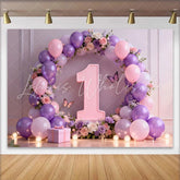 Lofaris Purple Butterfly 1st Birthday Cake Smash Backdrop Floral Number One and Pink Balloon Arch Background