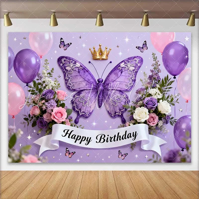 Lofaris Purple Butterfly and Crown Birthday Cake Smash Backdrop Happy Birthday Party Decor for Girls