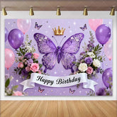 Lofaris Purple Butterfly and Crown Birthday Cake Smash Backdrop Happy Birthday Party Decor for Girls