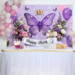 Lofaris Purple Butterfly and Crown Birthday Cake Smash Backdrop Happy Birthday Party Decor for Girls