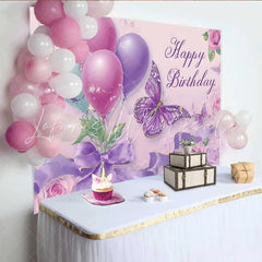 Lofaris Purple Butterfly Birthday Backdrop Elegant Balloon Rose Background Girl Sweet 16 Party Photo Prop
