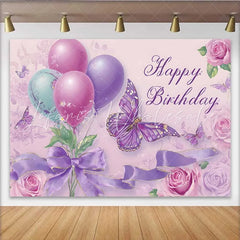 Lofaris Purple Butterfly Birthday Backdrop Elegant Balloon Rose Background Girl Sweet 16 Party Photo Prop